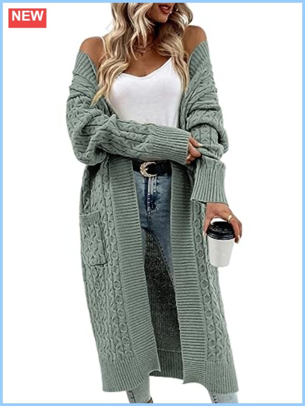Cable Knit Open Front Long Cardigan Sweater with Pockets